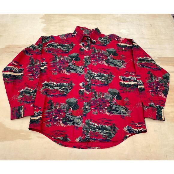 Vintage Bushwacker‎ Forest Graphic Collared Button Down Sz S Made In USA